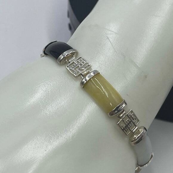 Vintage 1960's Signed Chinese Jadeite Sterling Panel Link Bracelet 7.5" Length - Picture 1 of 14